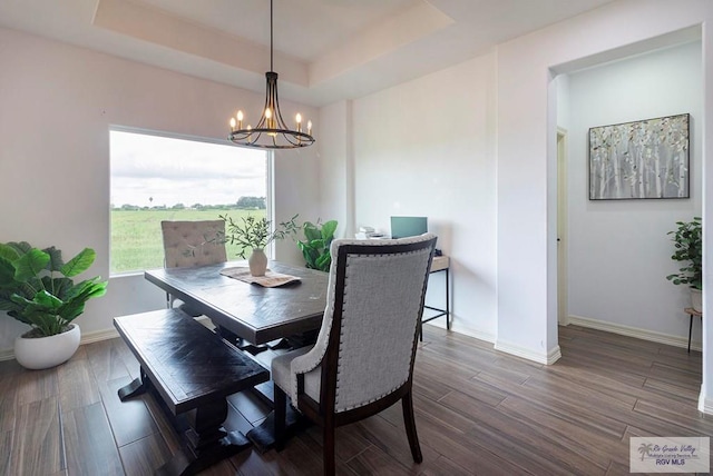 dining area featuring a tray ceiling, dark hardwood / wood-style floors, and a notable chandelier