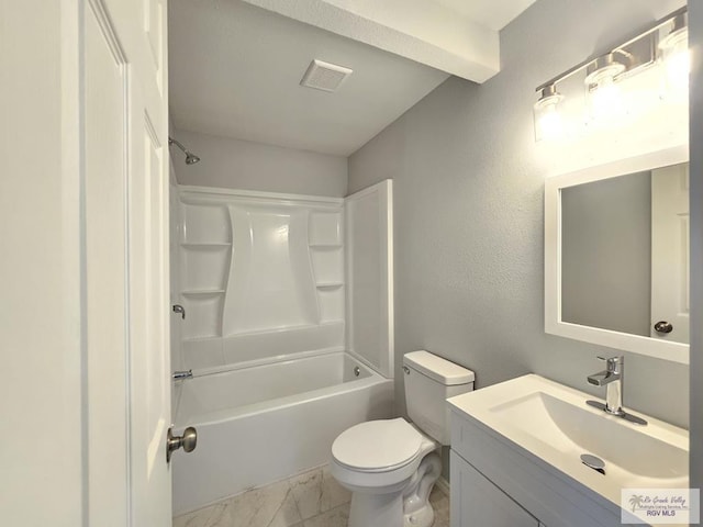 full bathroom with vanity, toilet, and washtub / shower combination