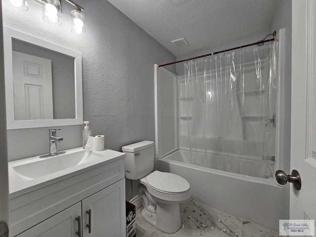 full bathroom featuring vanity, shower / bathtub combination with curtain, a textured ceiling, and toilet