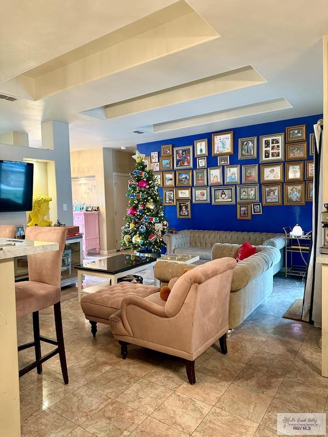 living room with a raised ceiling