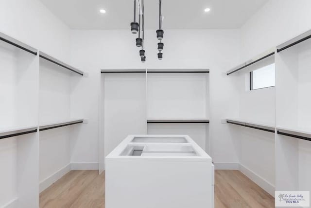 walk in closet featuring light wood-style floors, washer / clothes dryer, and a barn door