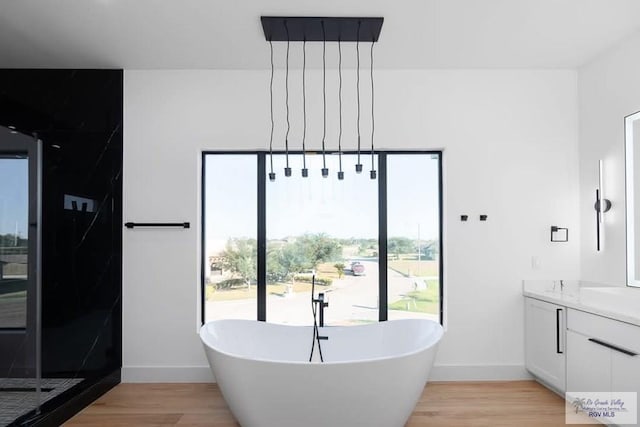 bathroom featuring vanity, baseboards, a freestanding bath, and wood finished floors