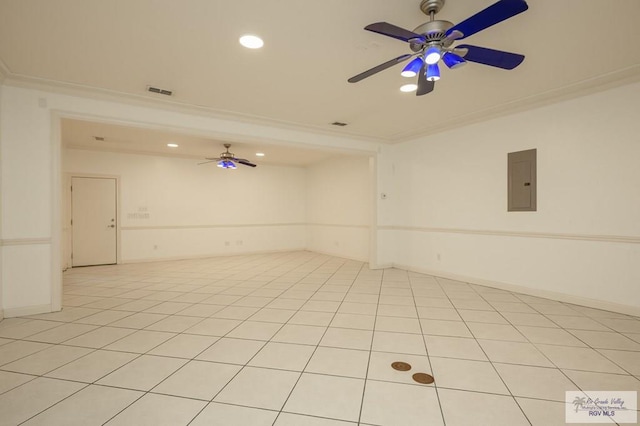 212 E Xenops Ave, Mcallen, TX 78504 - empty room with a ceiling fan, recessed lighting, electric panel, light tile patterned floors, and ornamental molding