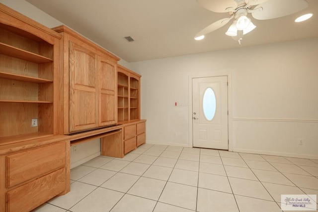 212 E Xenops Ave, Mcallen, TX 78504 - entrance foyer featuring light tile patterned floors, built in study area, a ceiling fan, and recessed lighting