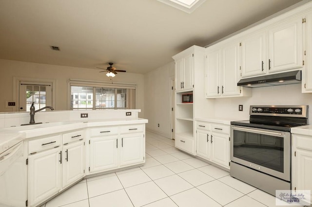212 E Xenops Ave, Mcallen, TX 78504 - kitchen featuring under cabinet range hood, stainless steel electric stove, dishwasher, ceiling fan, and light countertops