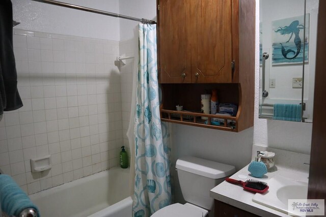 full bathroom with shower / bath combination with curtain, vanity, toilet, and radiator heating unit