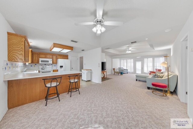 interior space with light colored carpet, ceiling fan, a tray ceiling, and sink