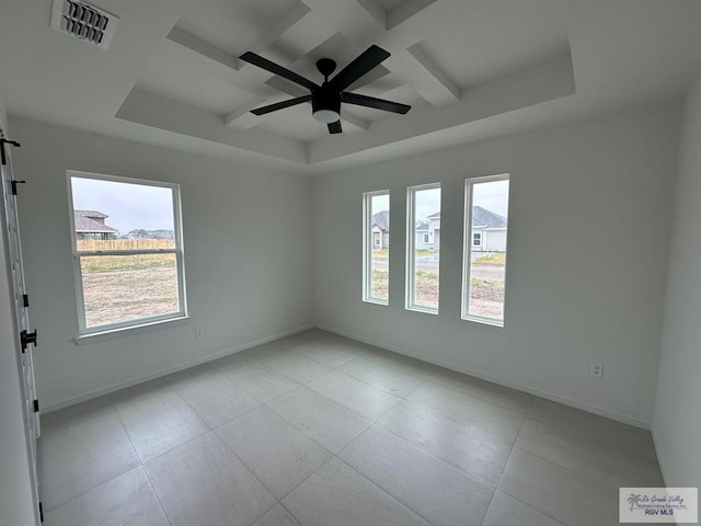 unfurnished room with beam ceiling, plenty of natural light, coffered ceiling, and ceiling fan