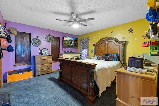 28880 Bass Blvd, Harlingen, TX 78552 - bedroom featuring carpet floors, a textured ceiling, and a ceiling fan