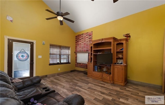 28880 Bass Blvd, Harlingen, TX 78552 - living area featuring a ceiling fan, high vaulted ceiling, and dark wood finished floors