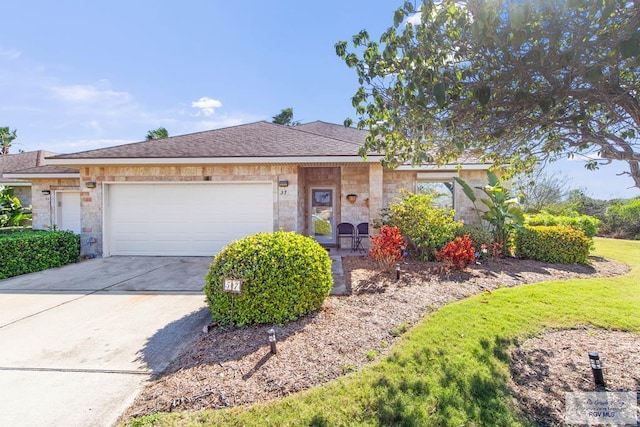 single story home featuring a garage, stone siding, roof with shingles, and driveway