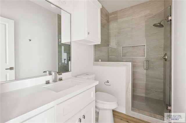 2507 E Solar Dr Lot 45, Mission, TX 78501 - bathroom with hardwood / wood-style floors, vanity, a shower with shower door, and toilet