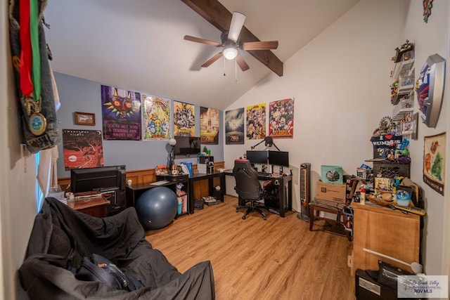 office space featuring ceiling fan, light hardwood / wood-style flooring, and lofted ceiling with beams