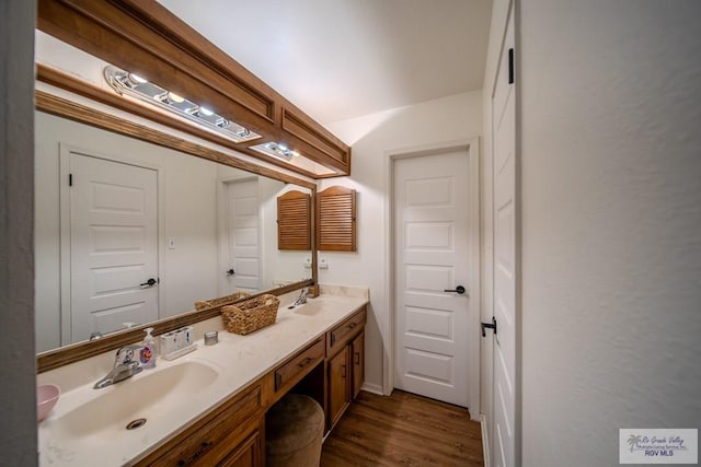 bathroom with hardwood / wood-style floors and vanity