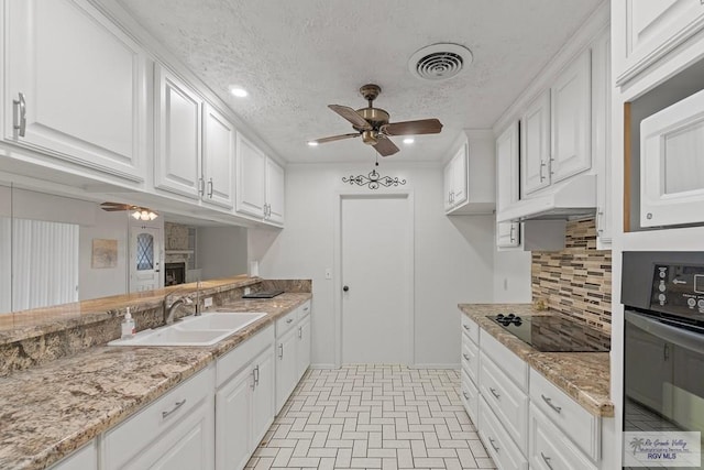 kitchen with white cabinets, black appliances, sink, ceiling fan, and a textured ceiling