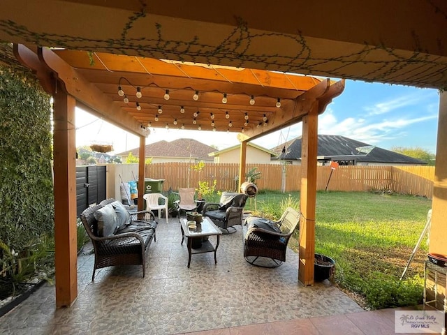 view of patio with a pergola and an outdoor living space