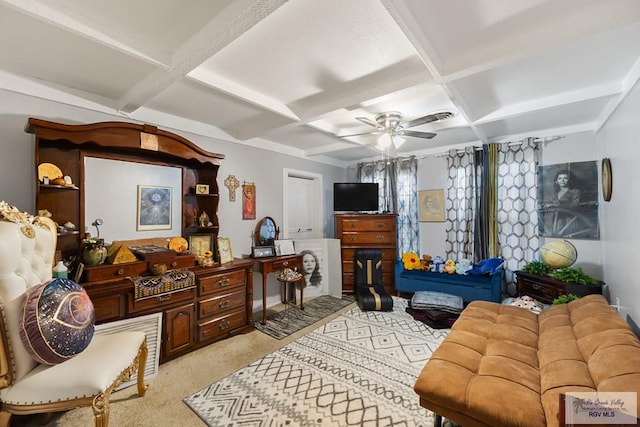 living room featuring ceiling fan, beamed ceiling, light carpet, and coffered ceiling