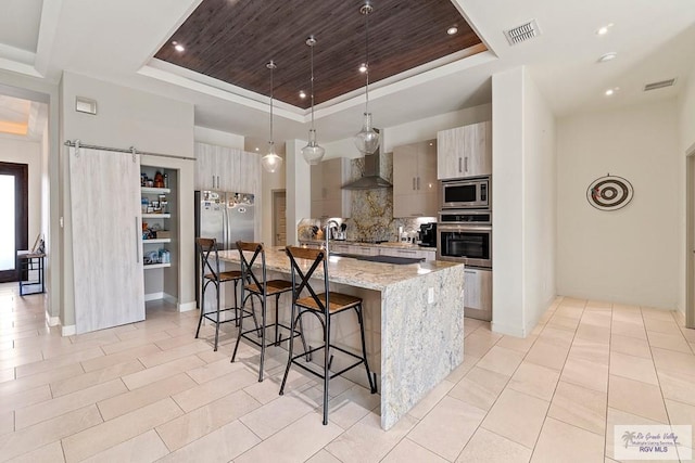 kitchen with light stone counters, a raised ceiling, an island with sink, and appliances with stainless steel finishes