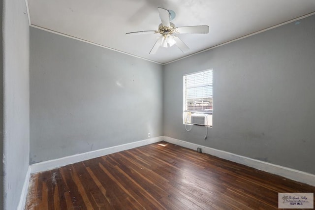 unfurnished room with ceiling fan, crown molding, baseboards, and wood finished floors