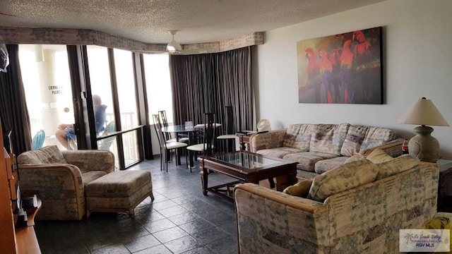 living room featuring a textured ceiling