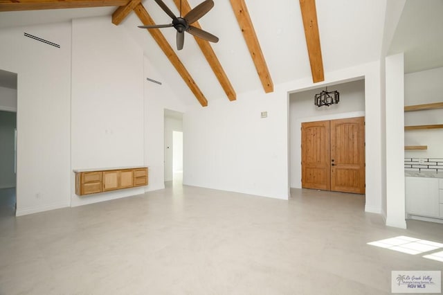 unfurnished living room featuring beam ceiling, ceiling fan with notable chandelier, and high vaulted ceiling