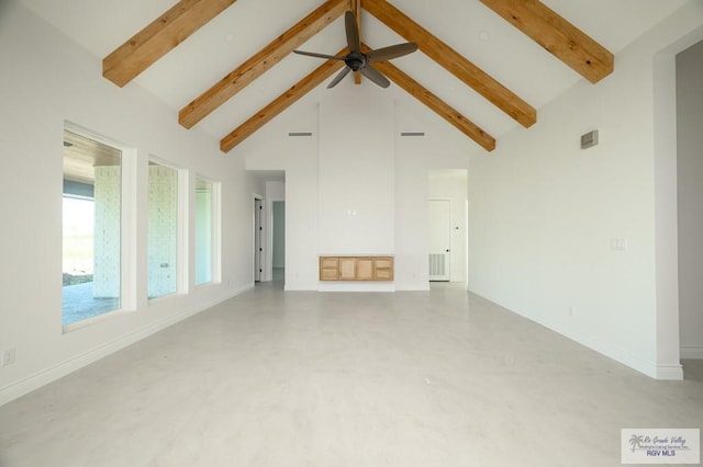 unfurnished living room with beamed ceiling, ceiling fan, and high vaulted ceiling