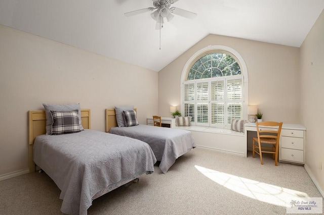 3406 Spyglass Hill Dr, Harlingen, TX 78550 - carpeted bedroom featuring lofted ceiling, an office area, baseboards, and a ceiling fan