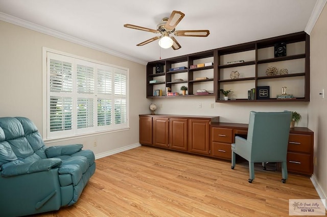 3406 Spyglass Hill Dr, Harlingen, TX 78550 - office area with crown molding, light wood-style floors, baseboards, a ceiling fan, and built in study area