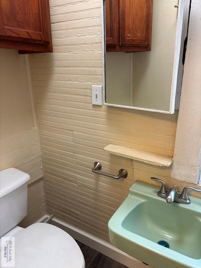 bathroom with wood walls, toilet, and sink