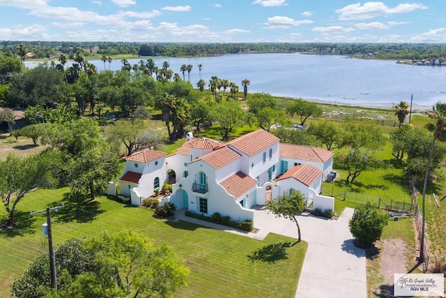 bird's eye view with a water view