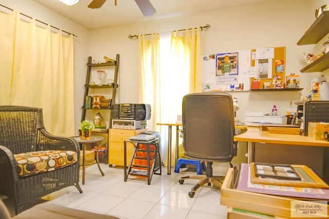 tiled office space with ceiling fan