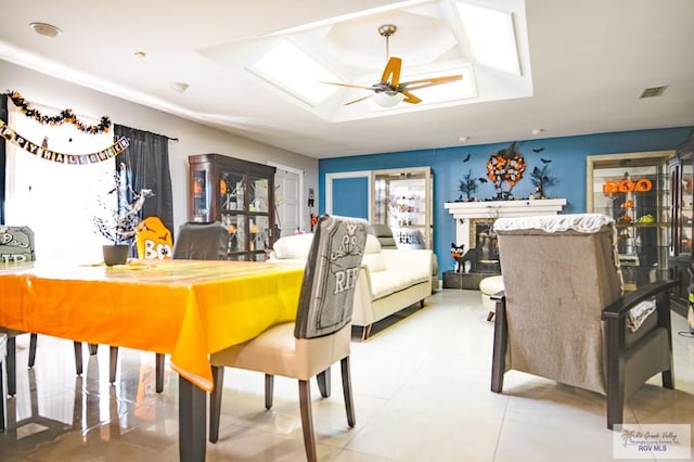 bedroom with tile patterned floors and ceiling fan