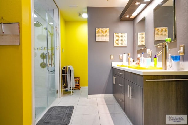 bathroom featuring tile patterned flooring, vanity, and walk in shower