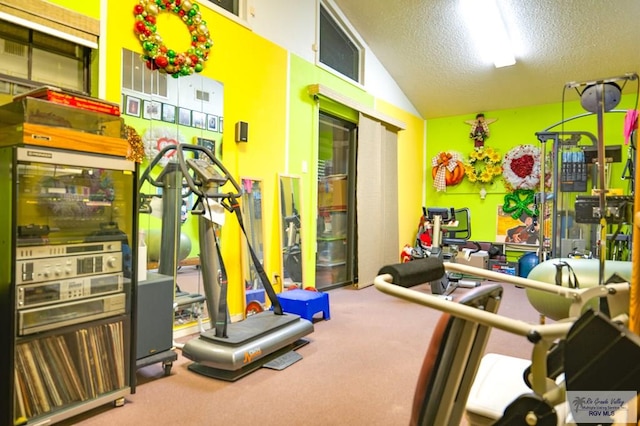 gym with carpet, a textured ceiling, and lofted ceiling