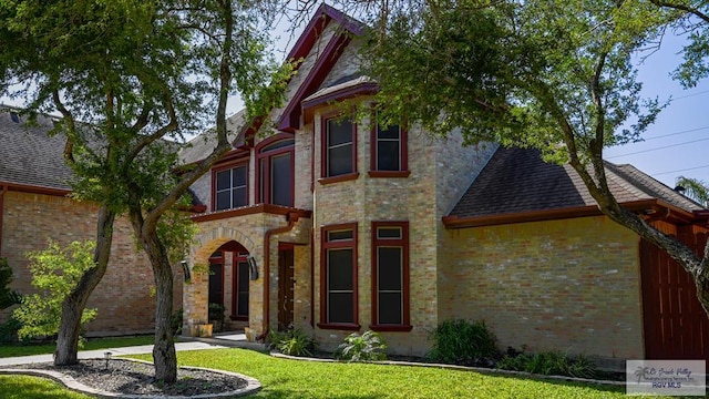 view of front of house with brick siding, roof with shingles, and a front lawn