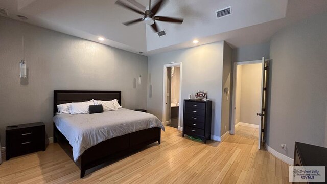 5443 Autumn Mist Ln, Brownsville, TX 78526 - bedroom with light wood-type flooring, recessed lighting, baseboards, a ceiling fan, and ensuite bath
