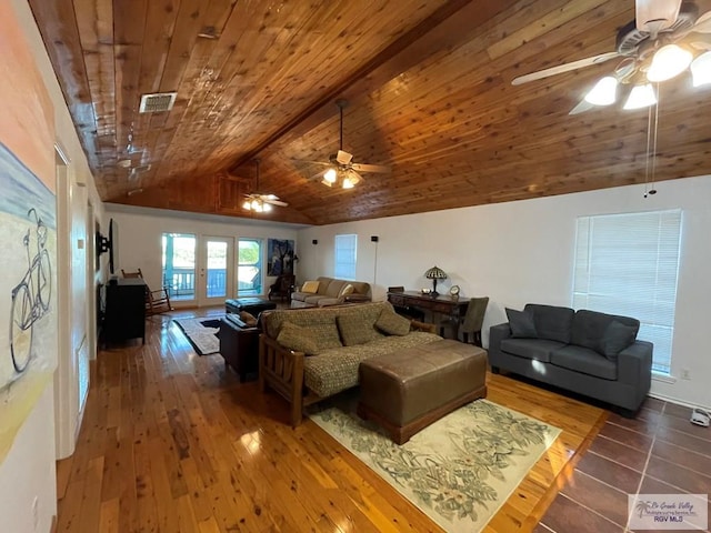 living room with wooden ceiling, hardwood / wood-style floors, ceiling fan, and lofted ceiling with beams