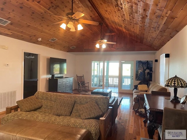 living room featuring wood ceiling, ceiling fan, high vaulted ceiling, and dark wood-type flooring