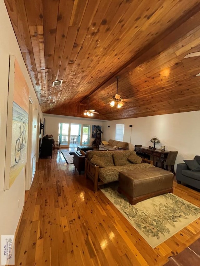 living room with hardwood / wood-style flooring, ceiling fan, and wooden ceiling