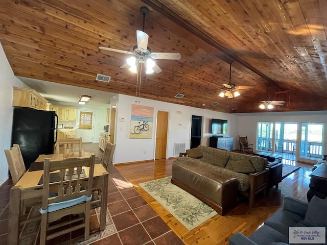 tiled living room with vaulted ceiling with beams, ceiling fan, and wooden ceiling