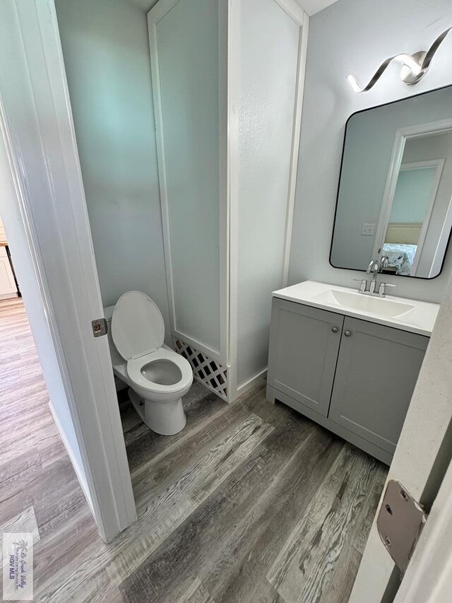 bathroom featuring toilet, vanity, and hardwood / wood-style flooring