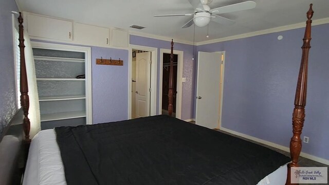 unfurnished bedroom featuring crown molding and ceiling fan