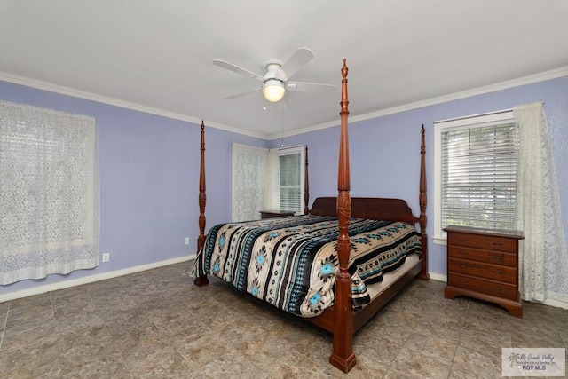 bedroom featuring ceiling fan and crown molding