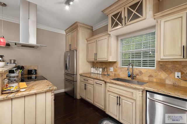 kitchen with sink, crown molding, appliances with stainless steel finishes, island exhaust hood, and decorative backsplash