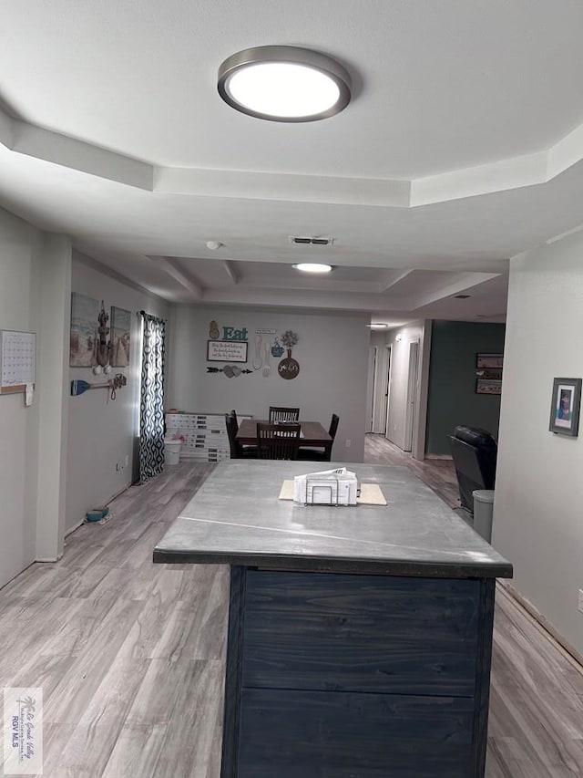 kitchen featuring a raised ceiling and light wood-type flooring