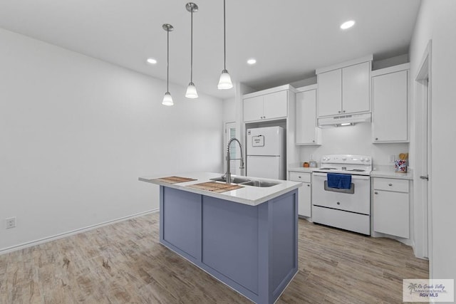 kitchen with pendant lighting, white cabinets, white appliances, and a kitchen island with sink