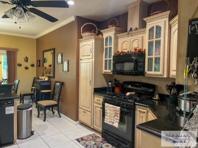 5303 Rustic Manor Dr, Brownsville, TX 78526 - kitchen with ceiling fan, light tile patterned floors, black appliances, glass insert cabinets, and ornamental molding