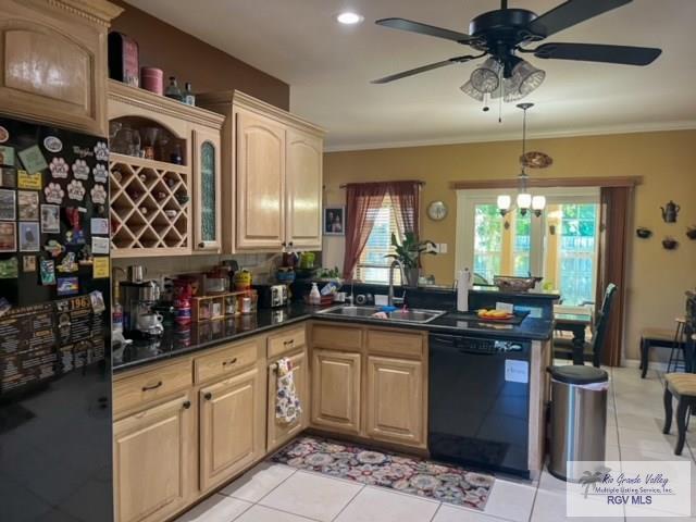 5303 Rustic Manor Dr, Brownsville, TX 78526 - kitchen featuring dark countertops, a sink, a peninsula, a ceiling fan, and black appliances