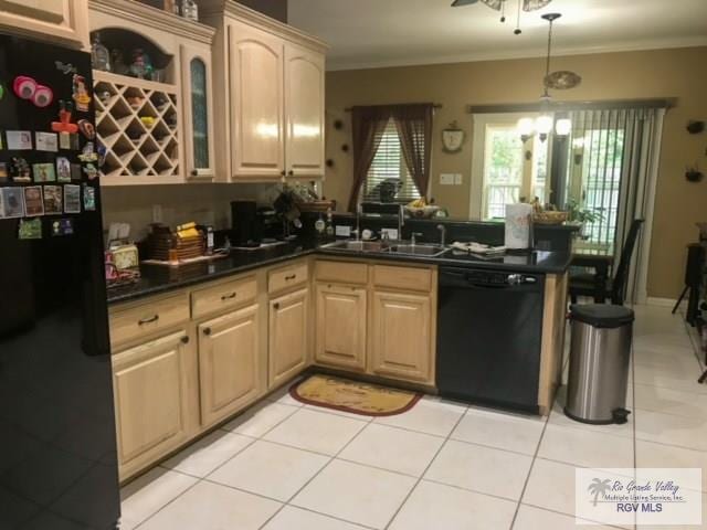5303 Rustic Manor Dr, Brownsville, TX 78526 - kitchen with crown molding, a sink, a peninsula, glass insert cabinets, and black appliances