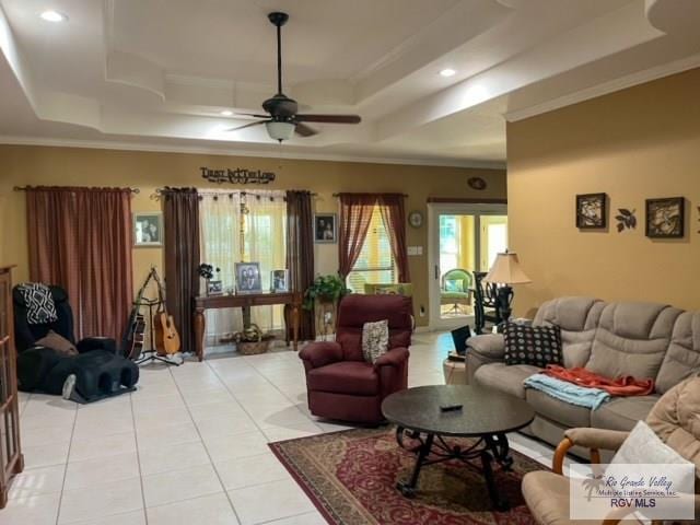 5303 Rustic Manor Dr, Brownsville, TX 78526 - living room with ornamental molding, light tile patterned flooring, ceiling fan, recessed lighting, and a raised ceiling